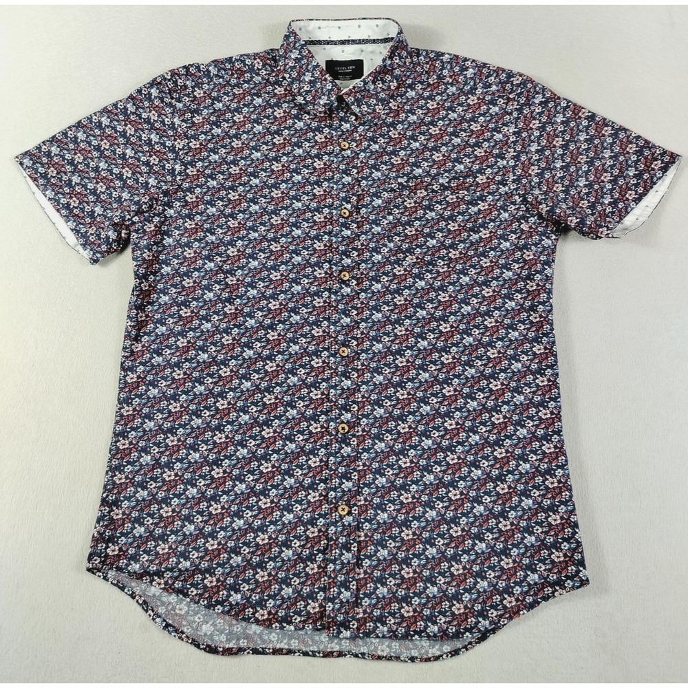 Level Ten Shirt Mens Medium Blue Floral Short Sleeve Button Up Casual Summer